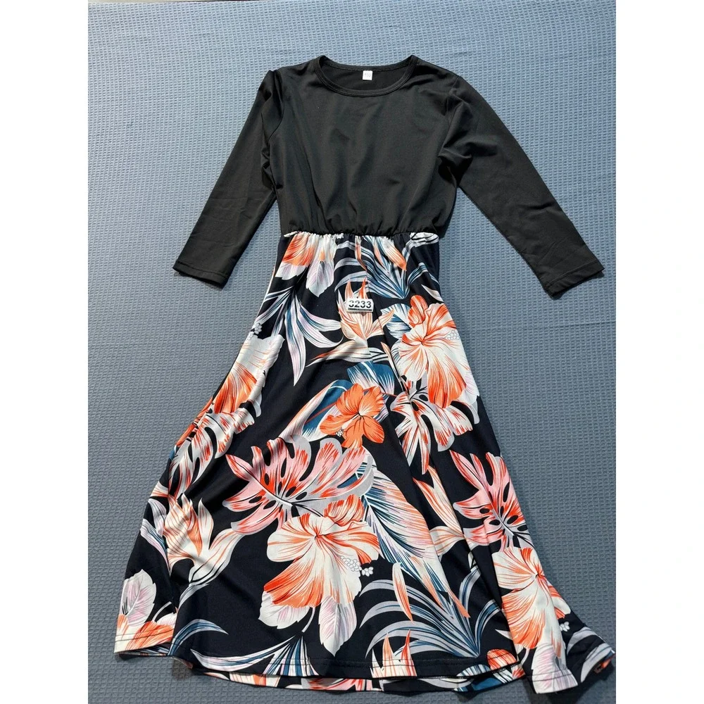 Tropical Floral Dress Girls 130  Black Orange